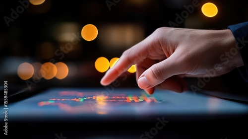 Hand Touching Digital Tablet Screen Displaying Financial Data With Bokeh Lights Background