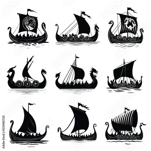 viking boat silhouette set, Black & White silhouette set