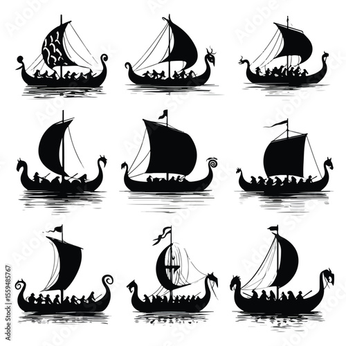 viking boat silhouette set, Black & White silhouette set