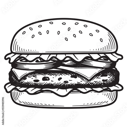 Hand drawn vintage style illustration of a delicious juicy burger featuring a sesame seed bun, lettuce, cheese, and tomato.