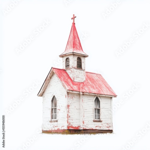 Rustic White Chapel with Red Roof on White Background