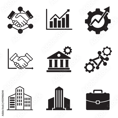 Set of business and finance icon silhouettes depicting growth success partnership and modern concepts in vintage art style