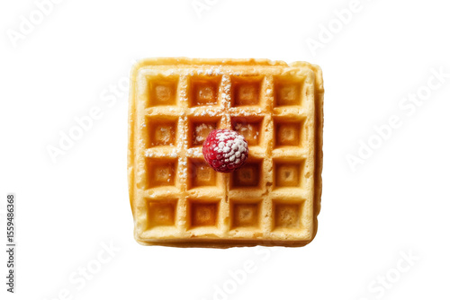 waffle with raspberry and powdered sugar on white background.