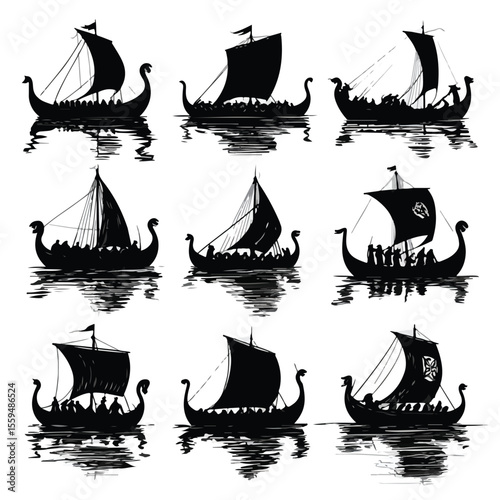viking ship silhouette set, Black & White silhouette set