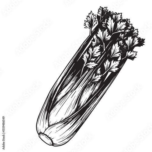 Vintage art silhouette illustration of fresh celery stalk with leafy green tops isolated on a white background