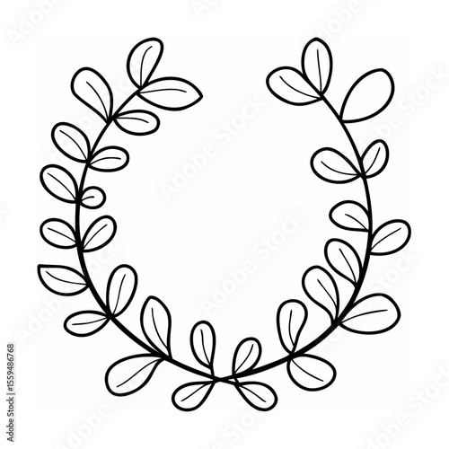 Black and white floral wreath illustration with oval leaves and stems on white background