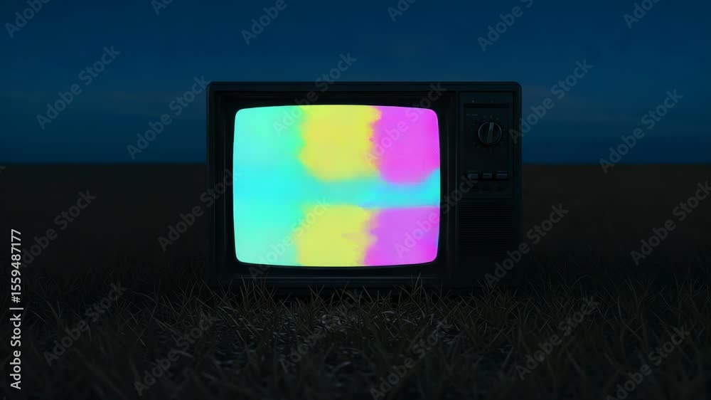 Abstract Television Display Showing Signal Noise and Colour Bars in Outdoor Environment, a visual