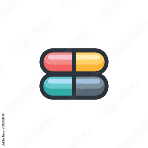 Two Pairs of DualColored Pill Capsules with Rounded Edges on White Background