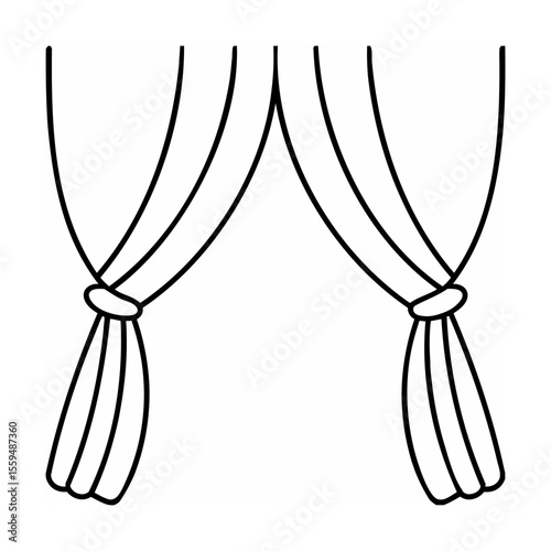 Black and white curtain illustration with tied drapes on white background