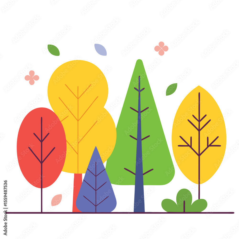 Stylized flat design autumn trees with falling leaves and flowers Stylized flat design autumn trees with falling leaves and flowers