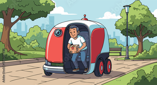 Delivery Driver Exiting Autonomous Vehicle with Package in Park Setting.