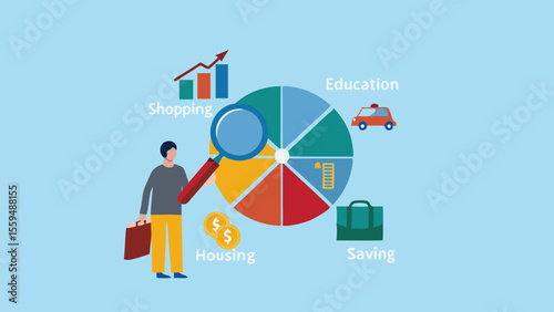 Analyzing personal finance budget allocation with pie chart and magnifying glass for financial planning