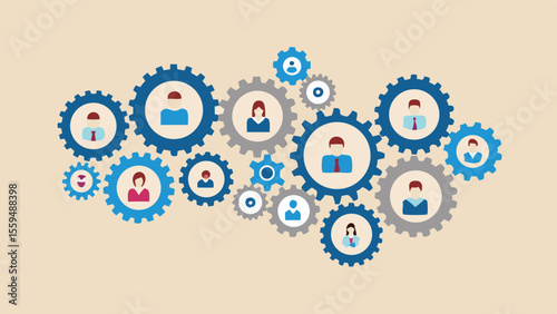Teamwork and Collaboration Concept with Gears and People Icons on Beige Background