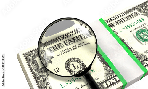 Obraz na plátně Magnifying glass inspecting the legal tender text on a stack of one us dollar bills on a transparent background