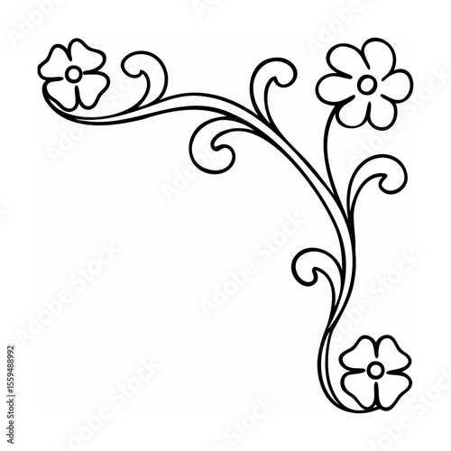 Black floral corner design with three flowers and curved stems on white background