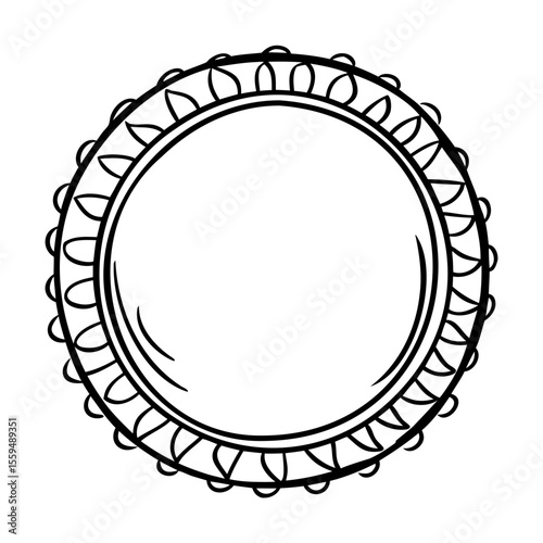 Black and white tambourine outline with decorative edge on white background