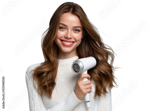 Smiling Woman with Hair Dryer: A stunning woman with flowing hair holds a hairdryer in a beauty shot, capturing a moment of confidence and style, highlighting beauty