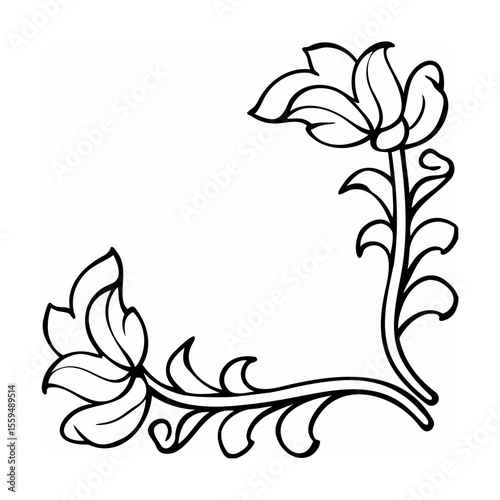 Black and white floral corner design with leaves and stems on white background