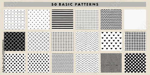 Collection of fifty basic hand drawn patterns in black and white for graphic design