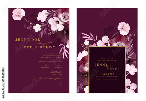 Wedding invitation and save the date template set of elegant flowers in shades of pink and purple on a dark purple background