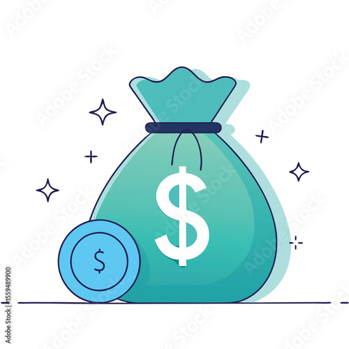 Green money bag with dollar sign and coin symbolizing wealth and financial success