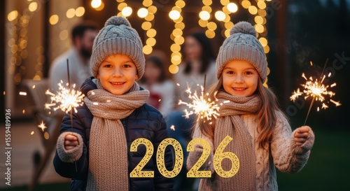 Happy children in winter hats and scarves holding bright sparklers festive lights in background 2026 overlay