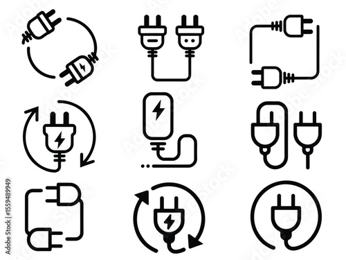 Set of SVG different icons related to charging station for electric car. Editable Electric Charger outline icon collection.