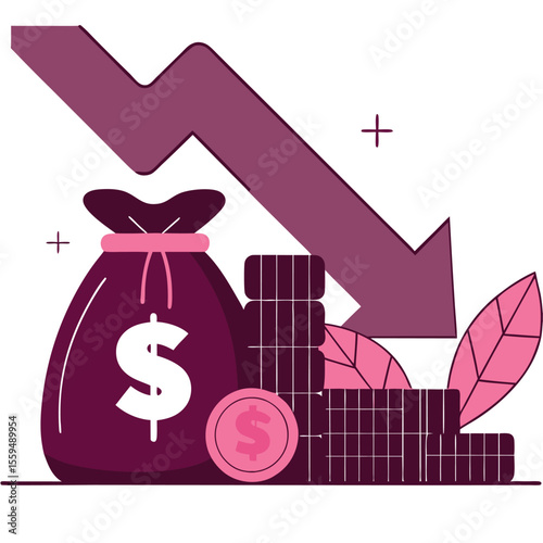 Financial downturn illustrated by falling arrow and money bag with coins