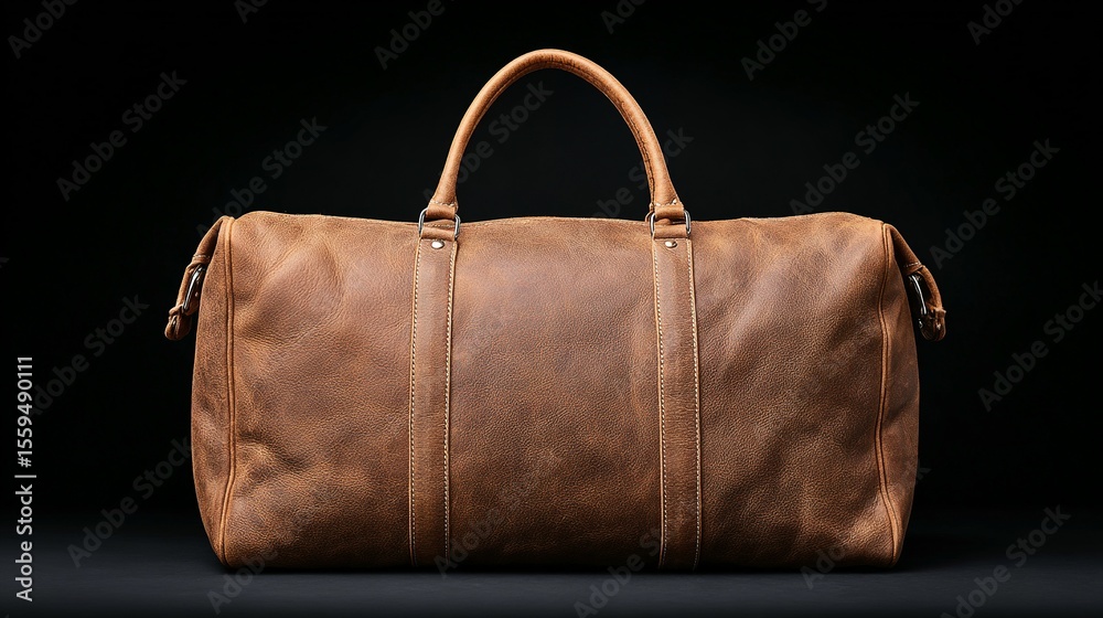 Naklejka premium A tan leather duffel bag against a dark background.