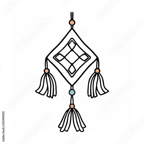 Black and white graphic of a decorative diamond-shaped amulet with tassels and beads