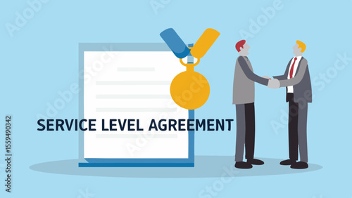 Service Level Agreement Illustration with Businessmen Shaking Hands and a Gold Medal