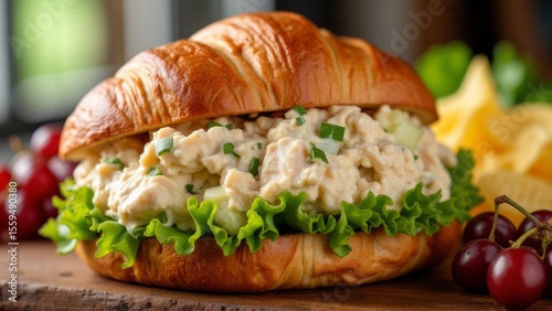 Close-up of a chicken salad croissant sandwich.