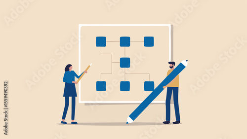Teamwork on organizational chart business process workflow or decision making process planning and strategy