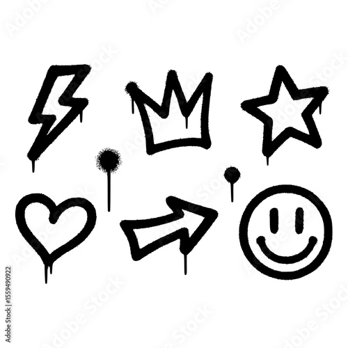Black graffiti style icons featuring a crown, heart, star, and lightning
