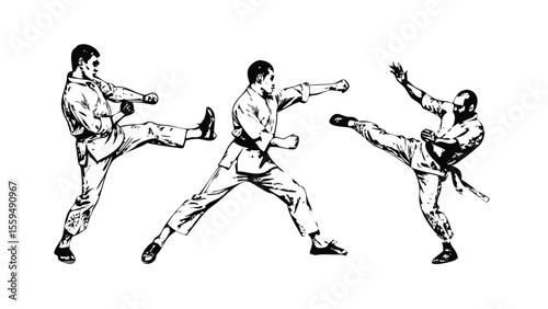 Martial Arts Vector Engraving Set. Detailed Monochrome Illustrations of Fighter Poses. Vintage Combat Sports Symbols
