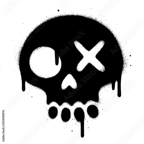 Stylized Black Skull Graffiti Stencil with Dripping Paint Isolated
