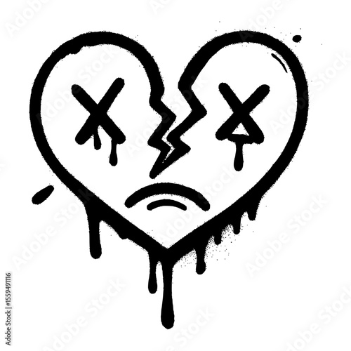 Broken heart illustration in distressed graffiti style with crying X eyes
