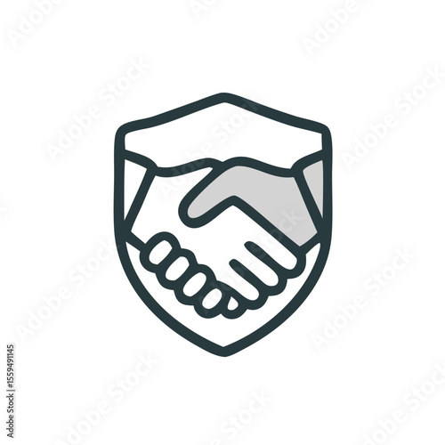 Trust agreement icon suitable for financial, legal, business, and security concepts, representing secure partnerships and protection in collaborations. Secure partnership handshake inside a shield log