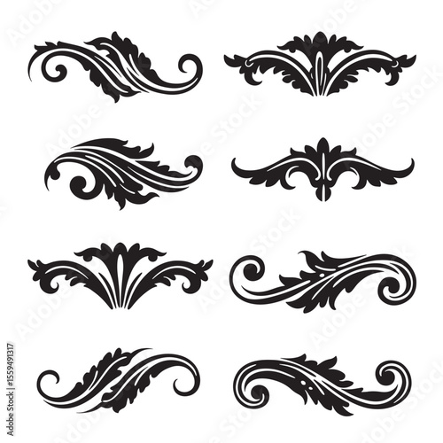 Elegant black and white decorative floral swirls and ornaments vector icon set for design elements