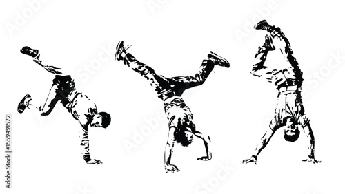 Breakdance Poses Vector Engraving Set. Detailed Monochrome Illustrations of Dancers. Vintage Stipple & Hatching Urban Culture Symbols