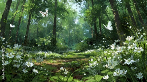 Lush green forest with white flowers and butterflies nature scenery wallpaper art background photo