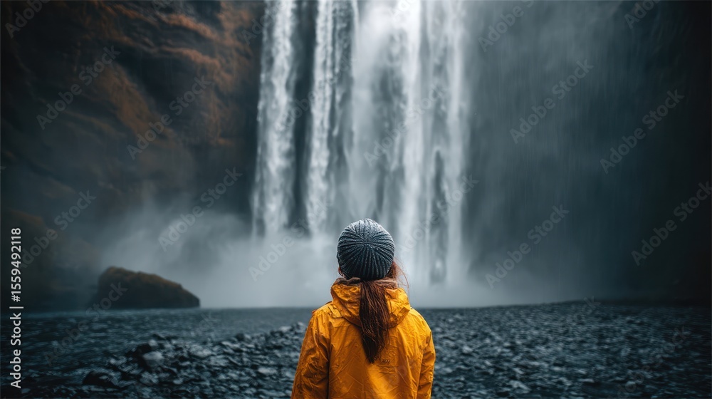 Obraz premium Waterfall adventure travel iceland landscape nature tourism girl yellow jacket explore 88