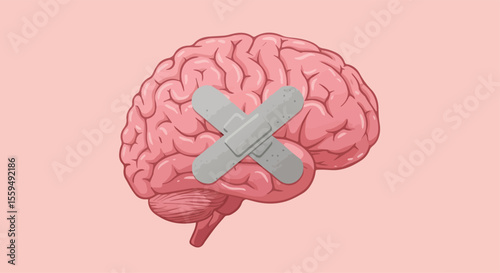 Injured Brain with Bandage Illustration on Pink Background

