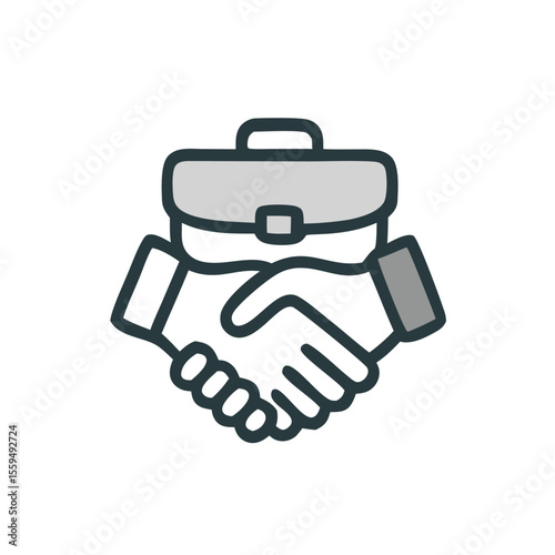 Corporate partnership icon featuring a briefcase handshake symbolizing successful business partnerships. Suitable for business presentations, websites, and marketing materials.
