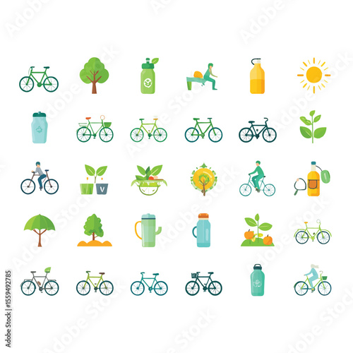 A vector icon set illustrating eco-conscious lifestyle elements such as cycling, reusable bottles, trees, plants, and solar energy. Designed in flat minimal style, ideal for explainer videos and motio