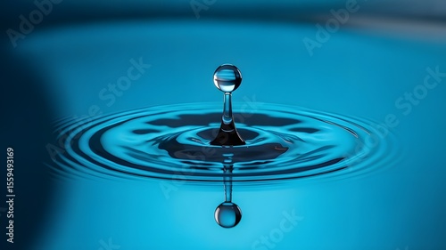 A single water droplet impact creates a ripple effect in a pool of pristine, refreshing, and clear blue liquid water.
