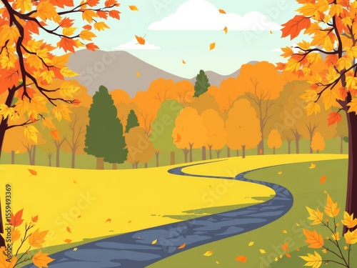 A winding path through an autumn landscape with trees and falling leaves in a serene outdoor scene