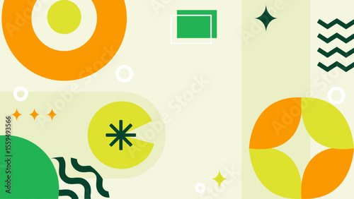 Abstract design featuring pink, green, and gold shapes, suitable for backgrounds, banners, invitations, and modern styled designs with a vibrant color palette.