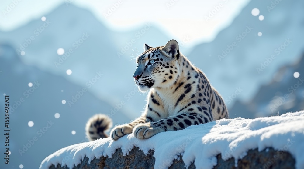 Fototapeta premium Majestic Snow Leopard in High Mountain Habitat, Winter Wildlife in Natural Environment.