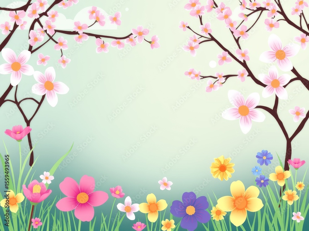 Naklejka premium A whimsical garden scene with blooming trees and colorful flowers in a soft pastel color palette